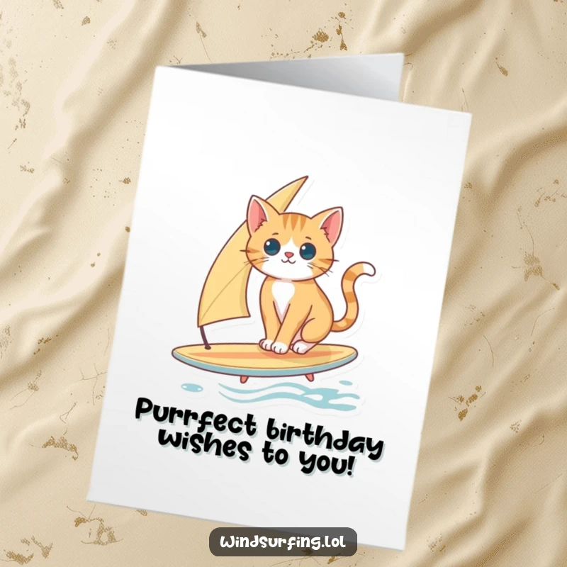 Funny Free Printable Birthday Card: Curious Cat Balancing on a Surfboard with a Sail, Focused and Amused.