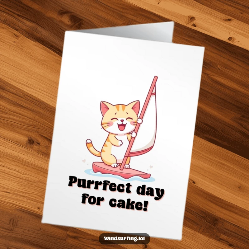 Funny Free Printable Birthday Card featuring a cheerful cat confidently adjusting a windsurfing sail, ready for adventure, downloadable art.