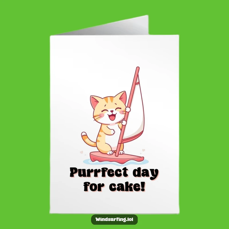 Free Printable Funny Birthday Card: Cheerful Cat Windsurfing - Hilarious Downloadable Gift