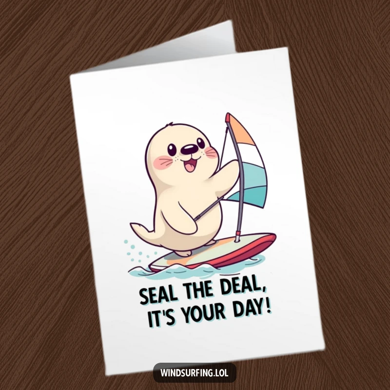 Funny Free Printable Birthday Card: A happy seal comically fails to balance on a windsurfing board, symbolizing birthday chaos.