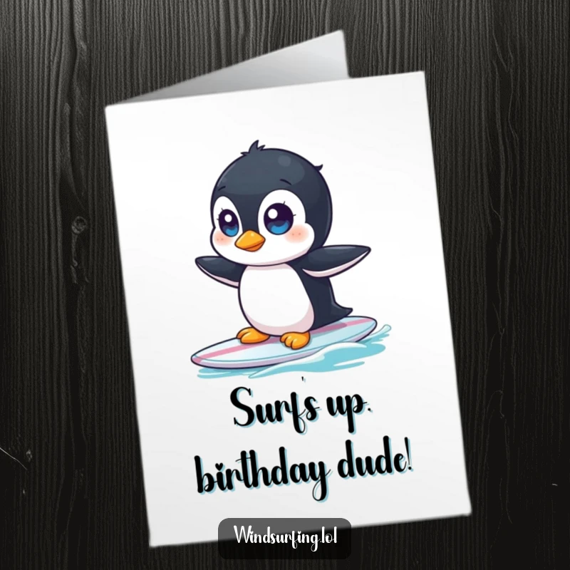 Funny Free Printable Birthday Card: A wide-eyed penguin awkwardly wobbles on a surfboard, preparing for a comical fall.