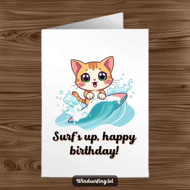 Funny Free Printable Birthday Card: Surprised cat wildly splashing through a wave on a windsurf board, ready to party.