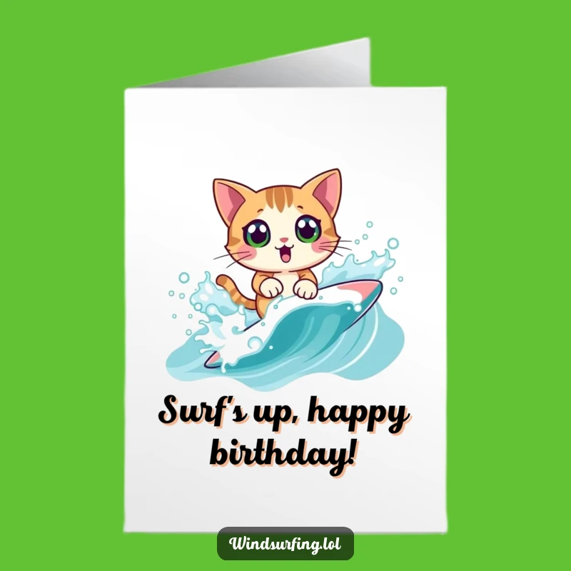 Free Printable Birthday Card: Surfing Cat, Funny Splashy Downloadable Gift