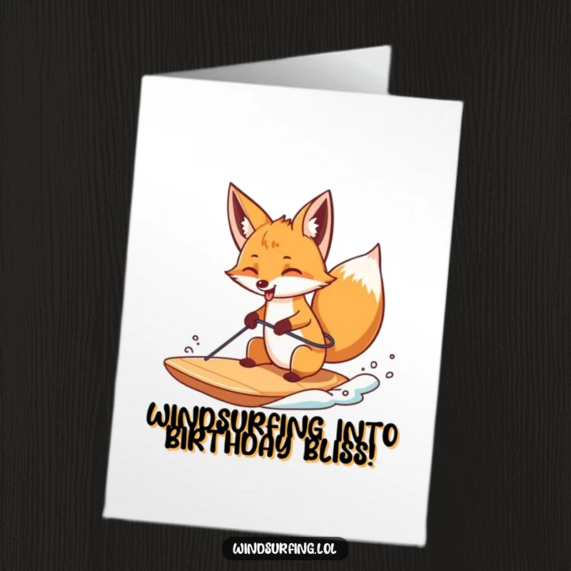 Funny Free Printable Birthday Card: A curious fox sticking its tongue out playfully while windsurfing, celebrating a birthday, downloadable gift.
