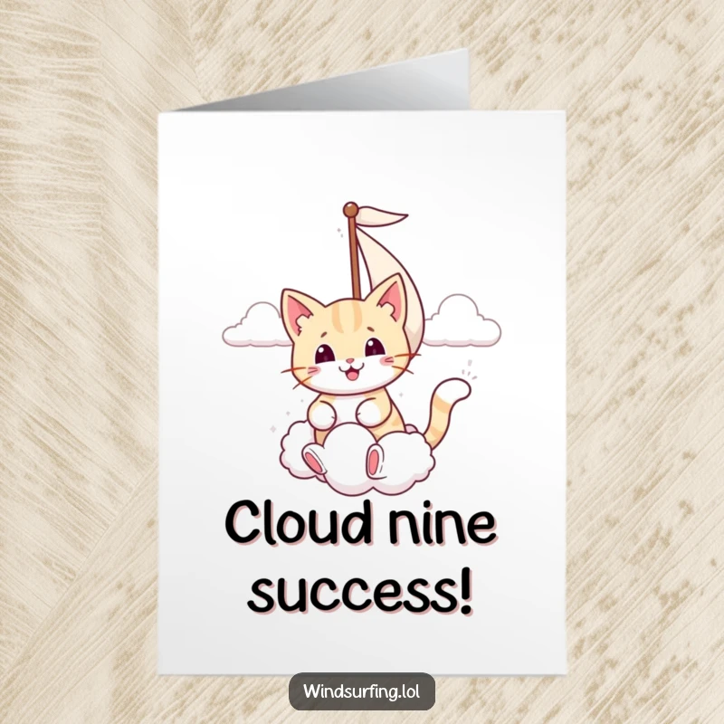 Funny Free Printable Congratulations Card: Smiling cat sails on a cloud, celebrating a fantastic achievement with a purrfectly happy vibe.
