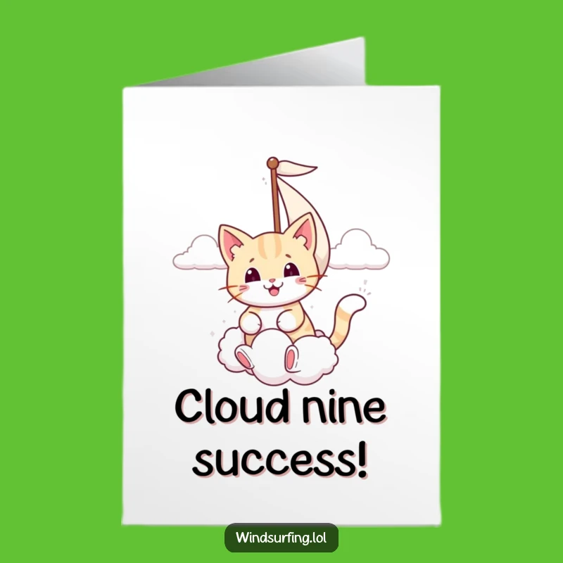 Free Printable Congrats Card: Smiling Cat Cloud Sail Funny Downloadable Gift