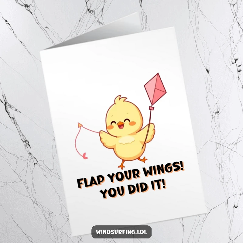 Funny Free Printable Congratulations Card: Delighted chick using a kite as a sail, enjoying a breezy adventure to success.