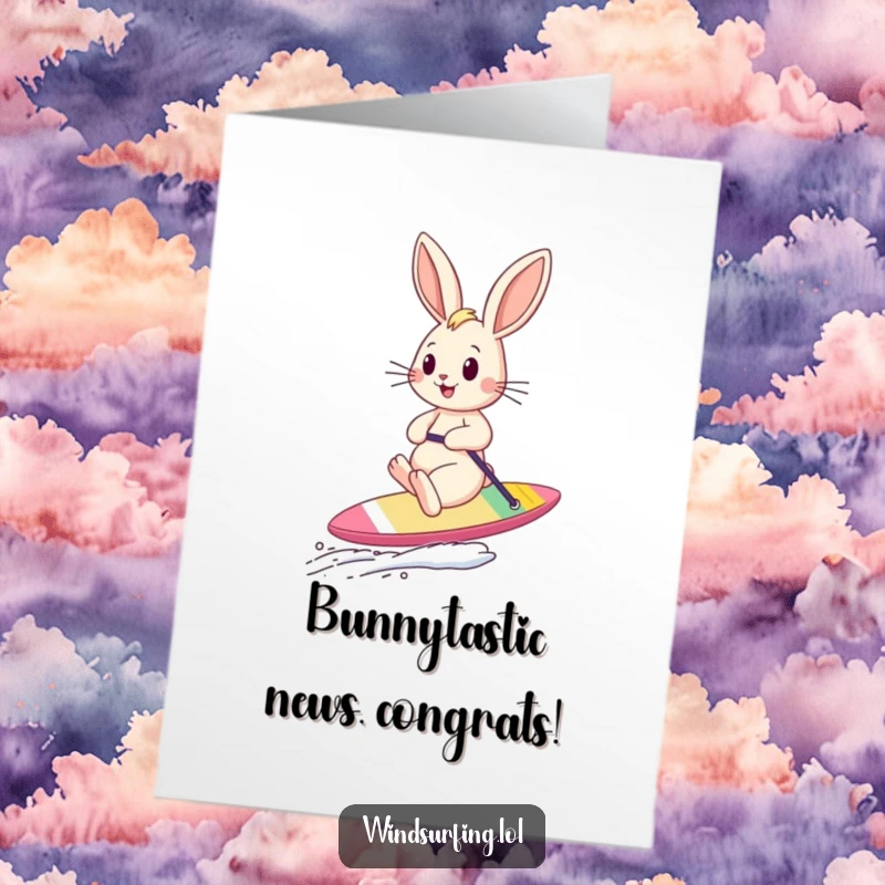 Funny Free Printable Bunny riding a sailboard with wind in ears, celebrating a big win with pure joy.