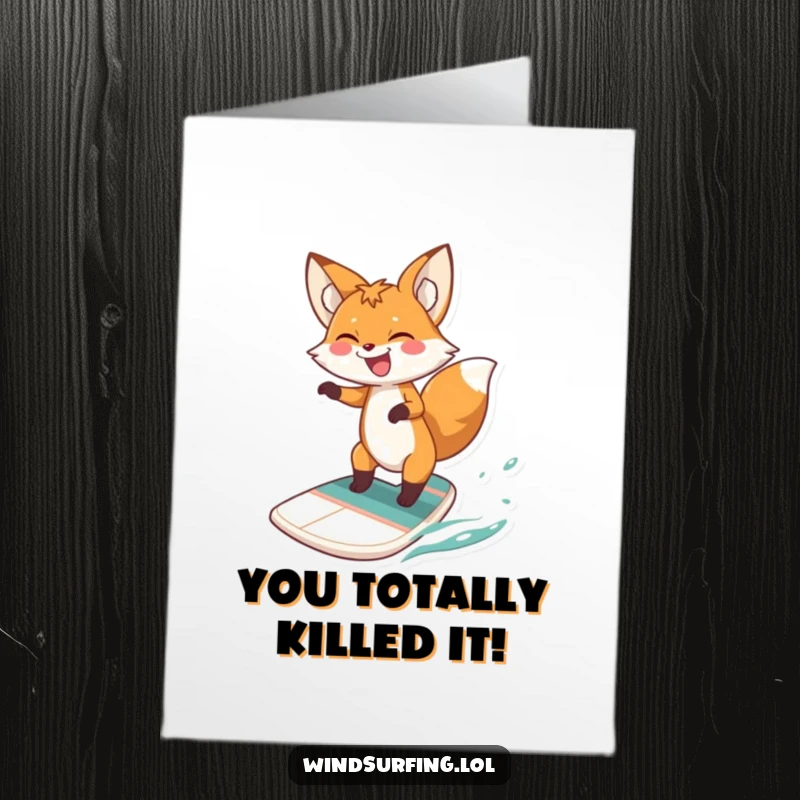 Funny Free Printable Congratulations Card depicting a triumphant fox catching air while windsurfing with glee.