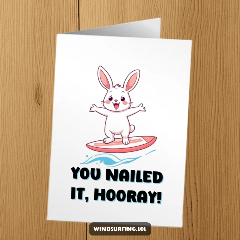 Funny Free Printable Congratulations Card: Happy rabbit windsurfing, celebrating success with excitement and a playful spirit.