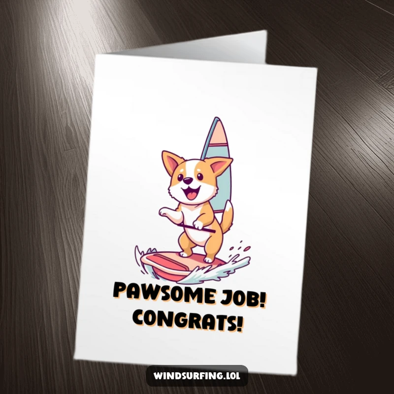Funny Free Printable Congrats Card showing a happy dog catching air on a windsurfing sail.