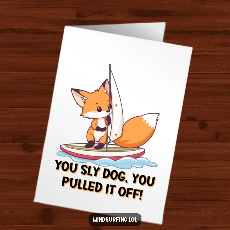 Funny Free Printable Congratulations Card: A curious fox intently adjusts its sail on a surfboard, calculating its path to success.