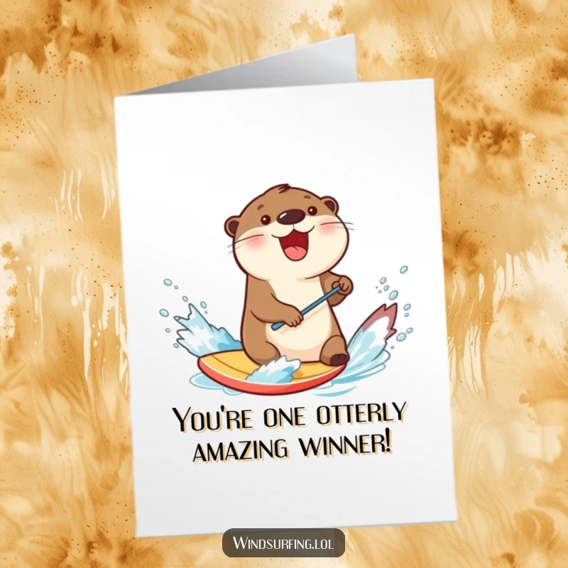 Funny Free Printable Congratulations Card: A delighted otter splashes water energetically while windsurfing, celebrating success with pure, watery joy.