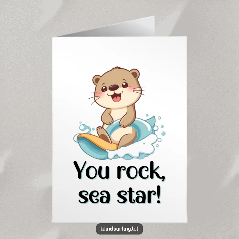Funny Free Printable Congratulations Card: Otter with a determined look conquering a large wave.