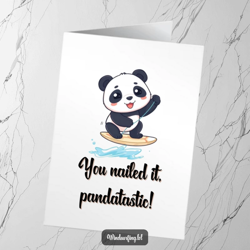 Funny Free Printable Congratulations Card: A panda masterfully (or not!) balances on a windsurfing board, celebrating success.