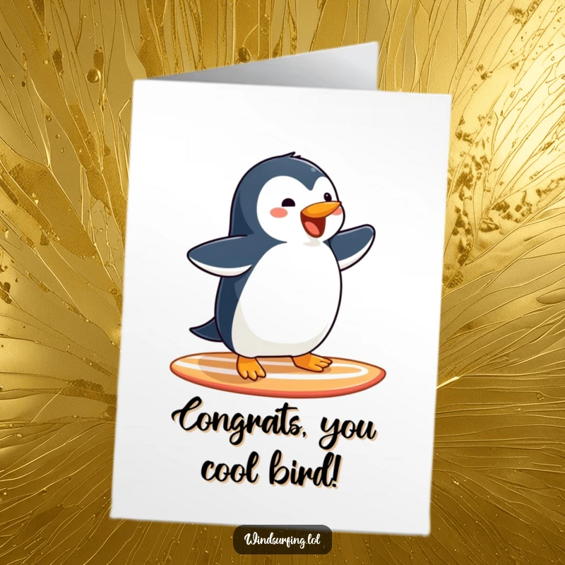 Funny Free Printable Congratulations Card: Penguin's Victorious Surfboard Glide, Arms Wide Open in Celebration.