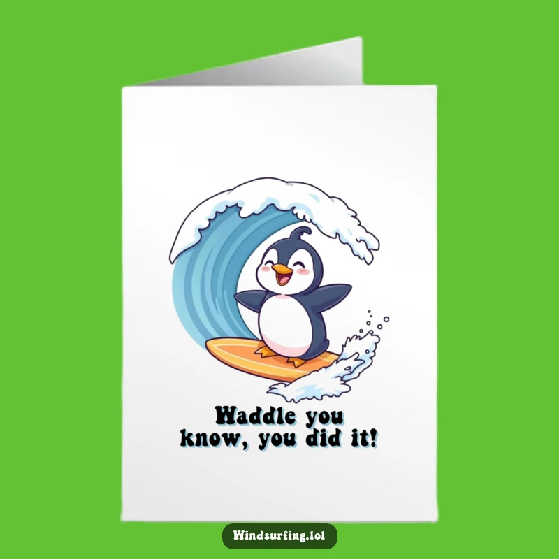 Free Printable Congrats Card: Penguin's Wave Ride - Funny Downloadable Success!