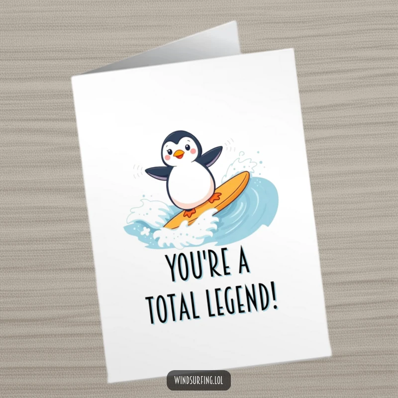 Funny Free Printable Congratulations Card: A determined penguin rides a windsurfing wave, celebrating a huge success, downloadable art.