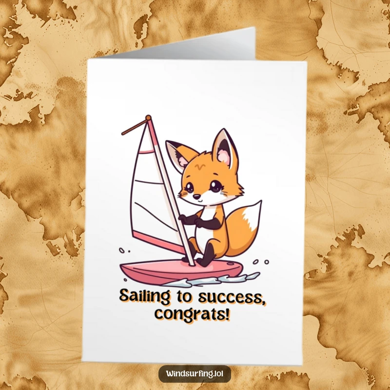Funny Free Printable Congratulations Card: A curious fox expertly guiding a windsurf sail, celebrating achievement with a playful spirit.