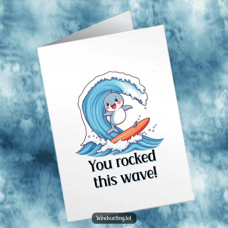 Funny Free Printable Congratulations Card: Joyful dolphin riding a massive wave on a surfboard, symbolizing a huge success and a fun celebration.