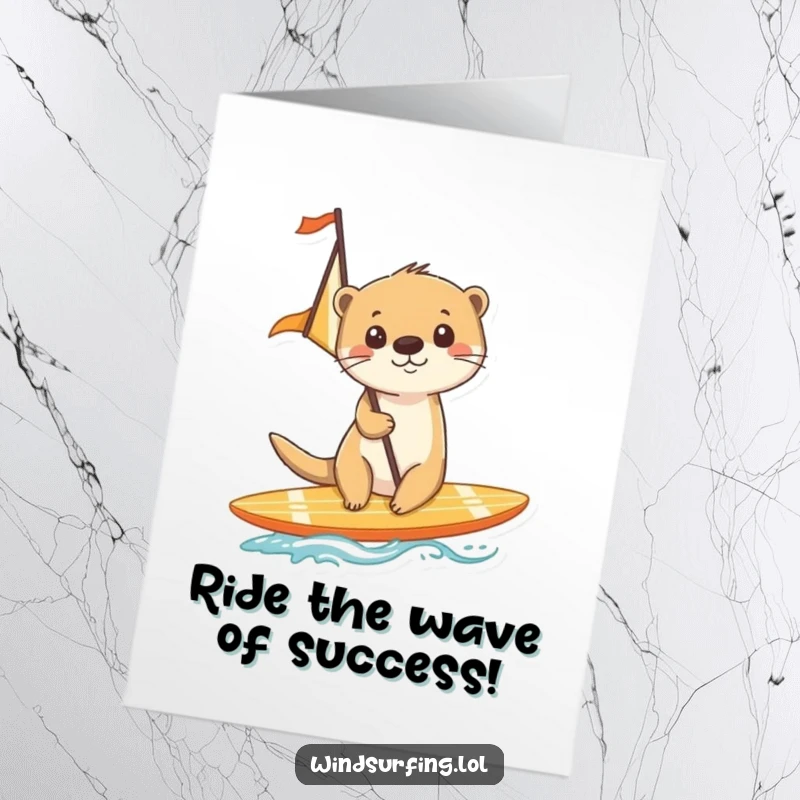Funny Free Printable Congratulations Card featuring a happy otter expertly surfing on a sail-powered surfboard, celebrating success.