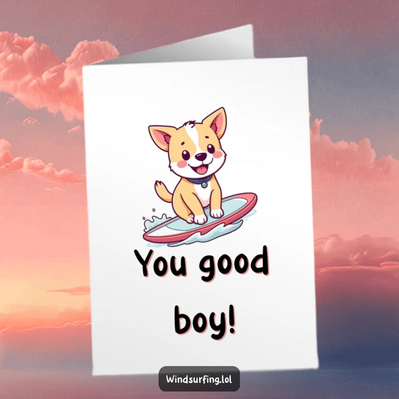 Funny Free Printable Congratulations Card: Cheerful dog windsurfing with enthusiasm, celebrating a victory. A humorous downloadable greeting.