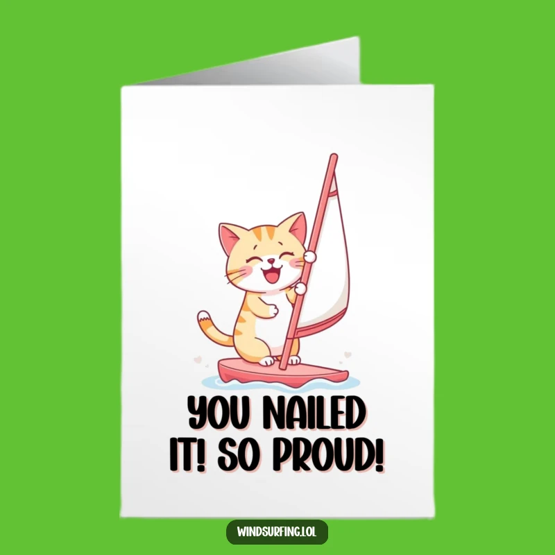 Free Printable Congratulations Card: Cat Windsurfing Success - Celebrate with Humor