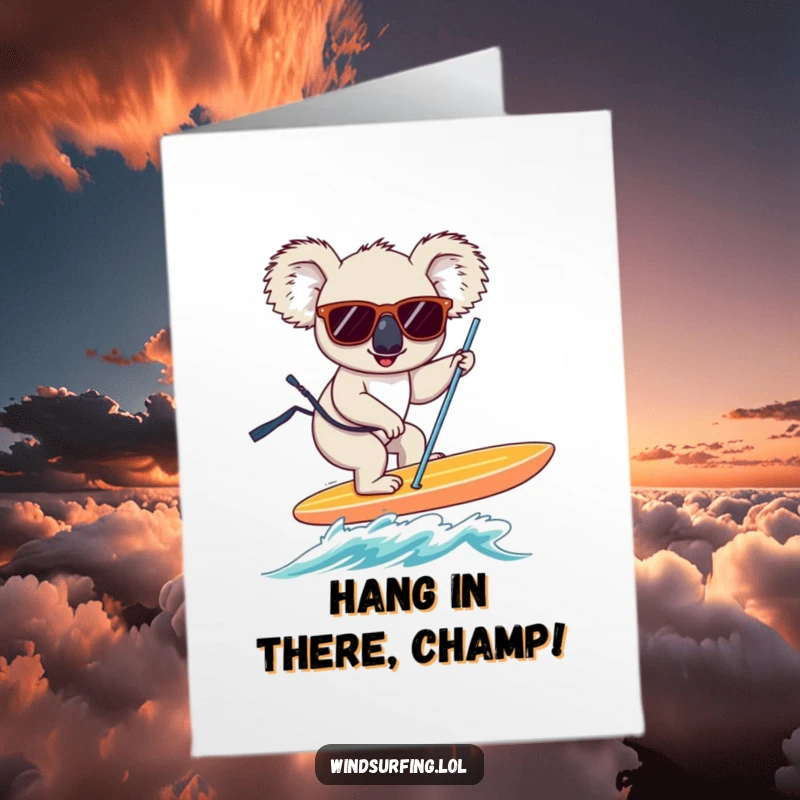 Funny Free Printable Congratulations Card: Koala in sunglasses expertly windsurfing, celebrating a major accomplishment.