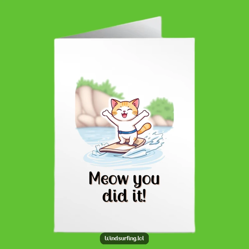 Free Printable Congrats Card: Windsurfing Cat Victory Funny Downloadable Gift