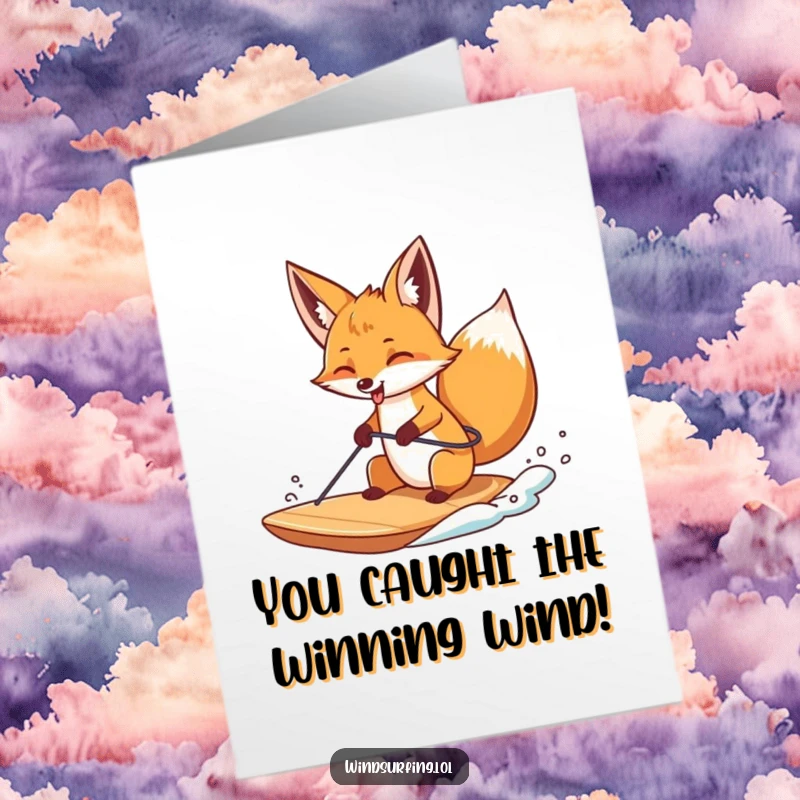 Funny Free Printable Congrats Card: A curious fox sticking its tongue out while windsurfing, celebrating a success with attitude, downloadable.