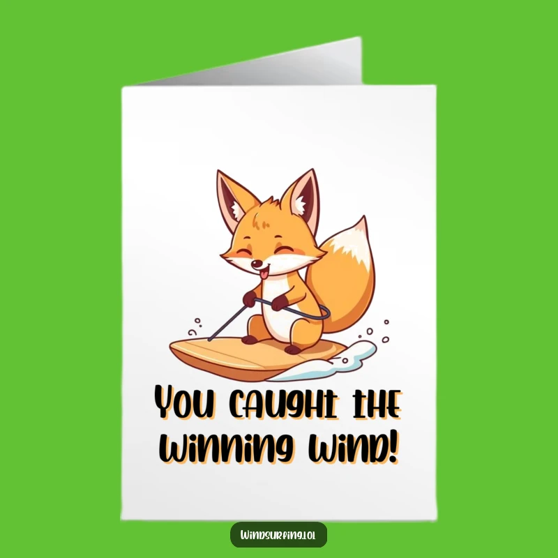 Free Printable Congrats Card: Tongue-Out Fox, Windsurfing Triumph, Downloadable Success