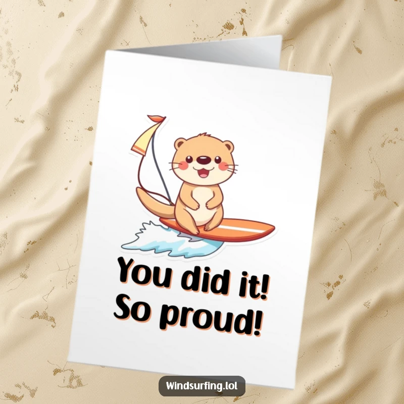 Funny Free Printable Congratulations Card: Otter Triumphantly Surfing with Sail, Celebrating a Major Achievement.