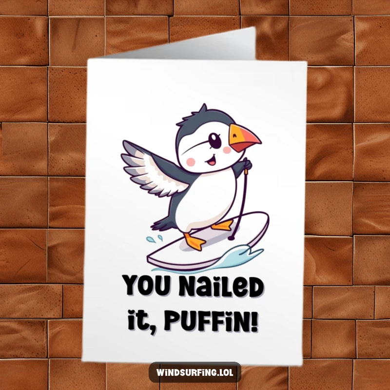 Funny Free Printable Congratulations Card: A smiling puffin executes an awesome trick on a windsurfing board.