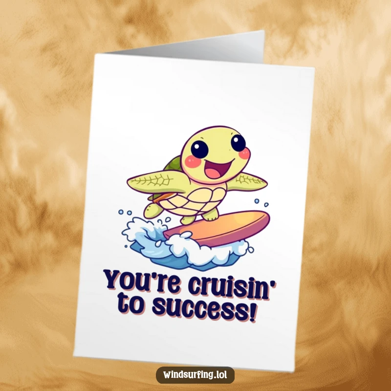 Free Printable Congrats Card: A delighted sea turtle surfing a wave, embodying graceful success, a perfect DIY downloadable gift.