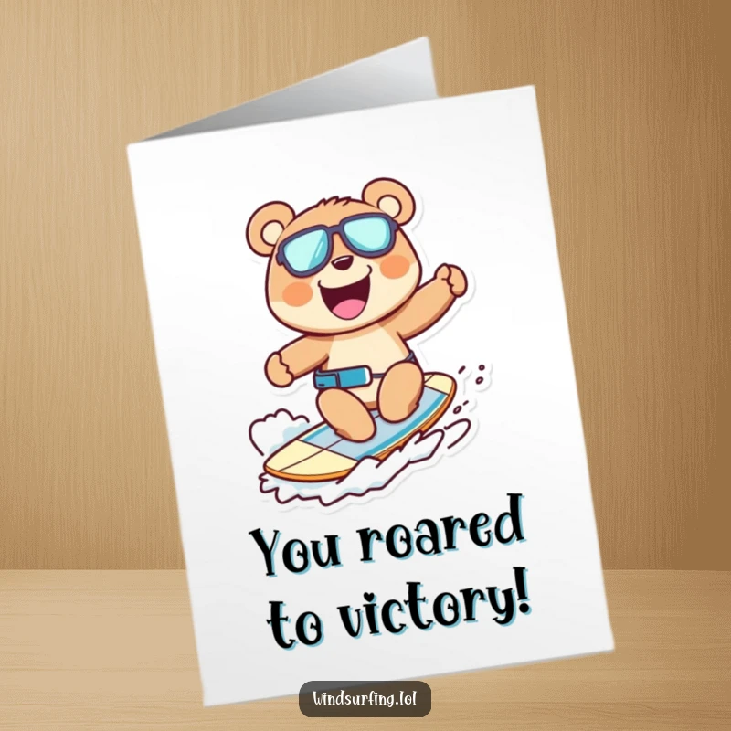 Funny Free Printable Congratulations Card: Ecstatic bear windsurfing with a wide grin, celebrating a win. A humorous downloadable greeting.