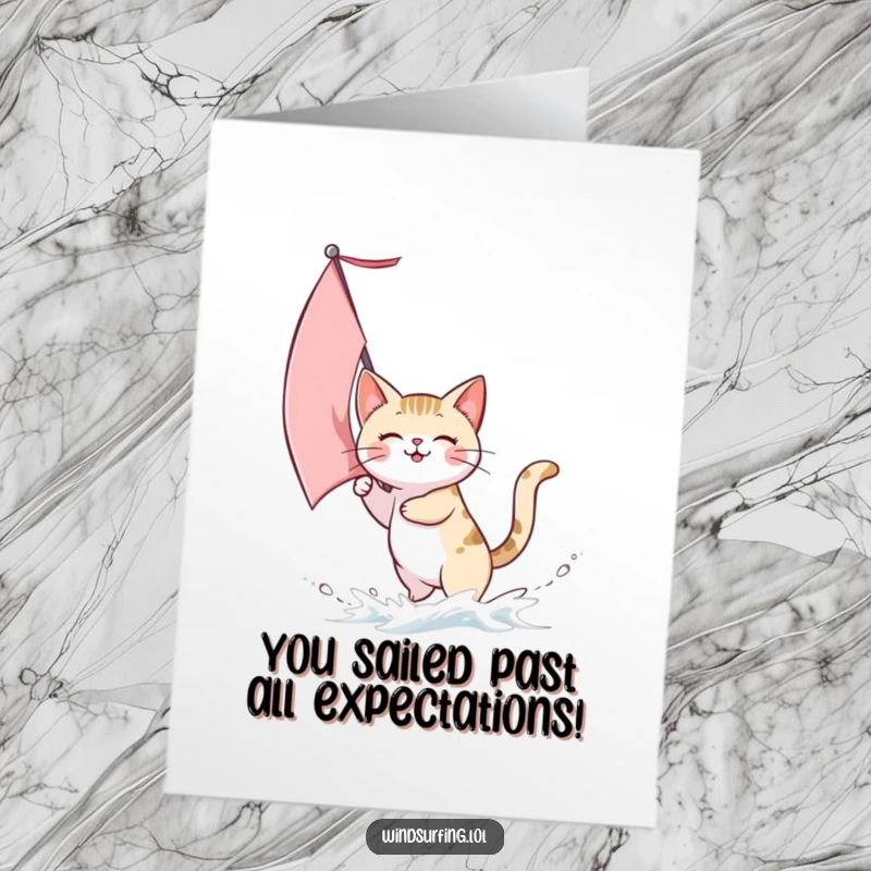 Funny Free Printable Congratulations Card: A swift cat sails energetically, propelled by a gust of wind, celebrating a big win.