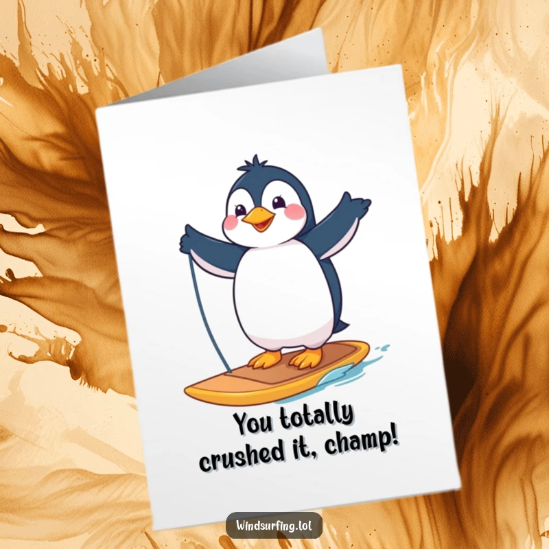 Funny Free Printable Congratulations Card: Proud penguin celebrating victory on a windsurfing board, a true champion.