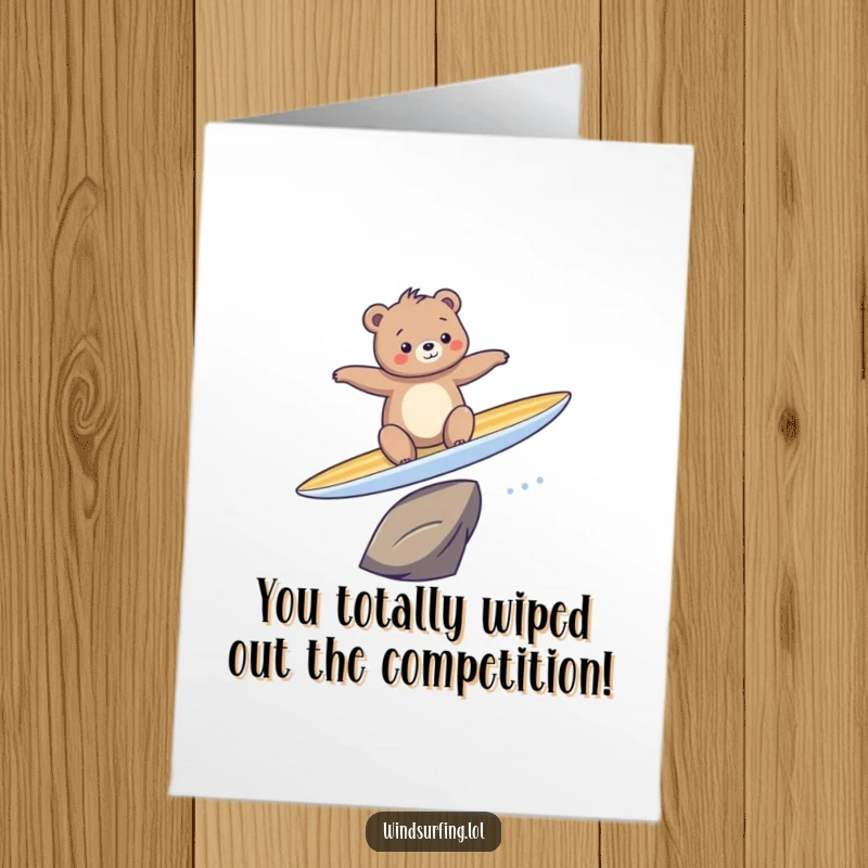 Funny Free Printable Congratulations Card: A bear comically surfs a massive wave, embodying success and a good wipeout.