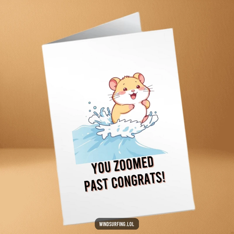 Funny Free Printable Congrats Card: Giggling hamster zooming across the sea, celebrating your awesome accomplishment with speed and joy.