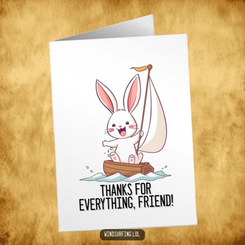 Funny Free Printable Bunny Sailing Thank You Card: A happy bunny struggles with a sail, humorously thanking you for your help.