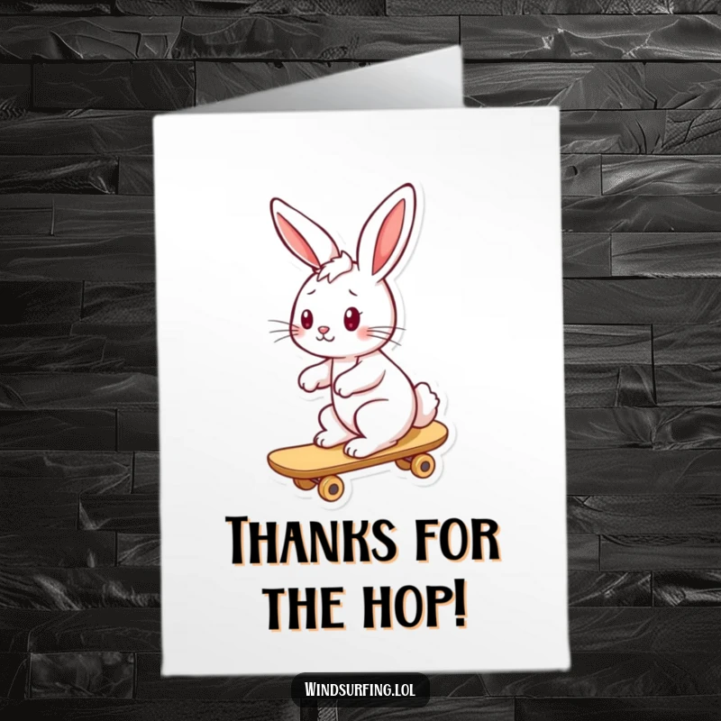 Funny Free Printable Thank You Card: A joyful bunny with ears flapping in the wind, riding a board.