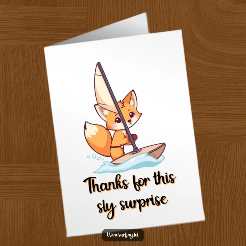 Funny Free Printable Thank You Card: A curious fox peeks from behind a windsurfing sail, sending a shy and heartfelt thank you.