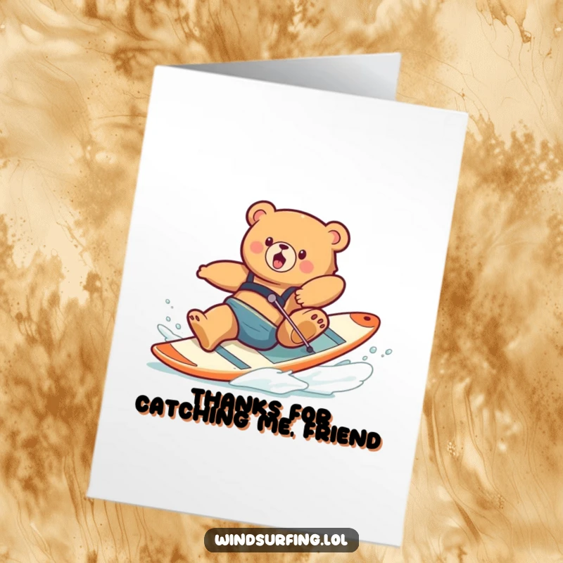 Funny Free Printable Thank You Card: Clumsy bear tumbling into the water from a windsurfing board, a humorous expression of thanks