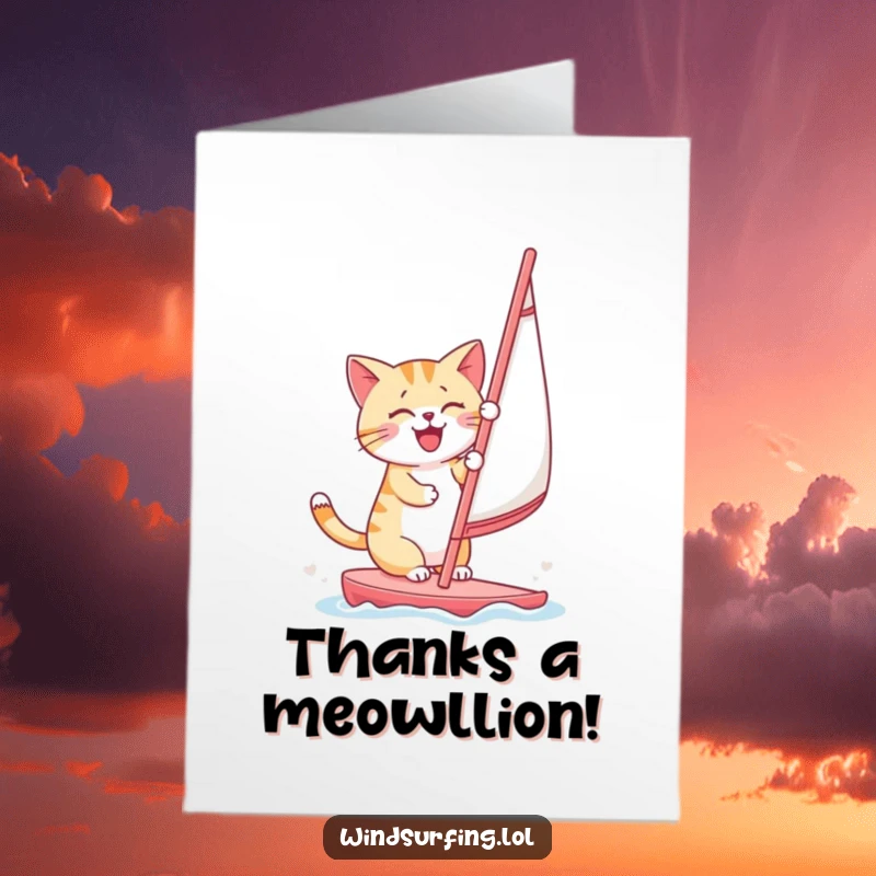 Funny Free Printable Thank You Card: A happy cat windsurfing sends thanks, perfect for expressing gratitude humorously, downloadable art.