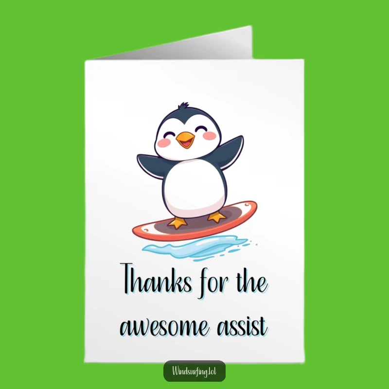 Free Printable Thank You Card: Grinning Penguin Windsurfer - Downloadable Gratitude Gift