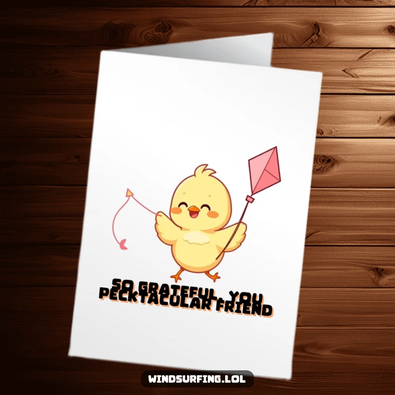 Funny Free Printable Thank You Card: Happy chick soaring with a kite as a sail, expressing cheerful gratitude.