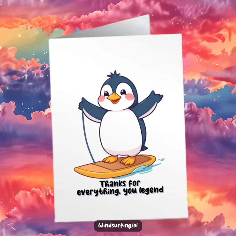 Funny Free Printable Thank You Card: Proud penguin striking a cool pose, showing off windsurfing skills with gratitude.