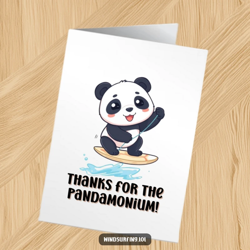 Funny Free Printable Thank You Card: A cheerful panda rides a small windsurfing board, sending thanks with style.