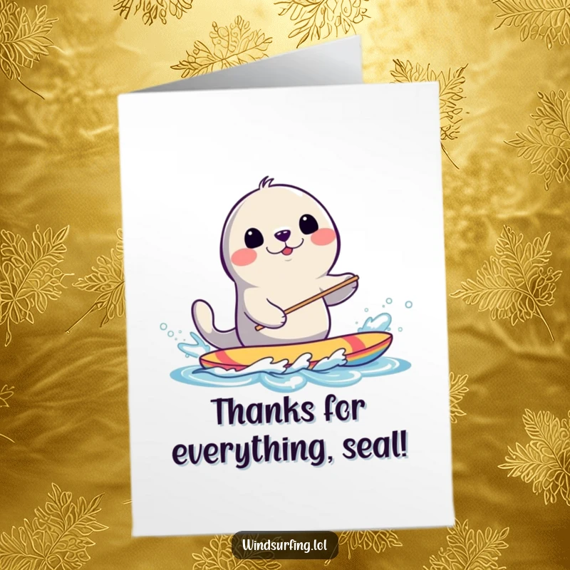 Funny Free Printable Thank You Card: Smiling Seal Splashing Water While Windsurfing, Expressing Gratitude.