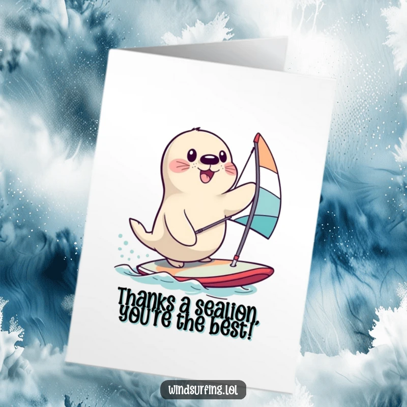 Funny Free Printable Thank You Card: A happy seal wipes out on a windsurfing board, a humorous thanks for their help.